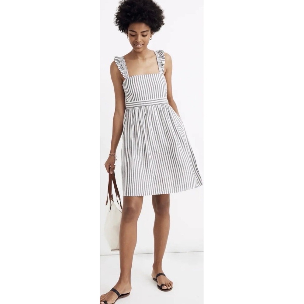 Madewell Striped‎ Ruffle Strap Mini Dress Black White Square Neck Size 00